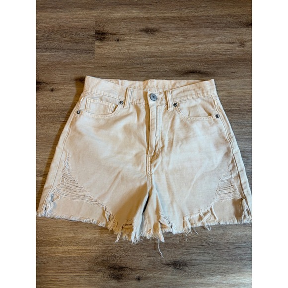 American Eagle Outfitters Pants - American Eagle Women 2 Beige Distressed High Waisted Denim Shorts Raw Hem Cotton